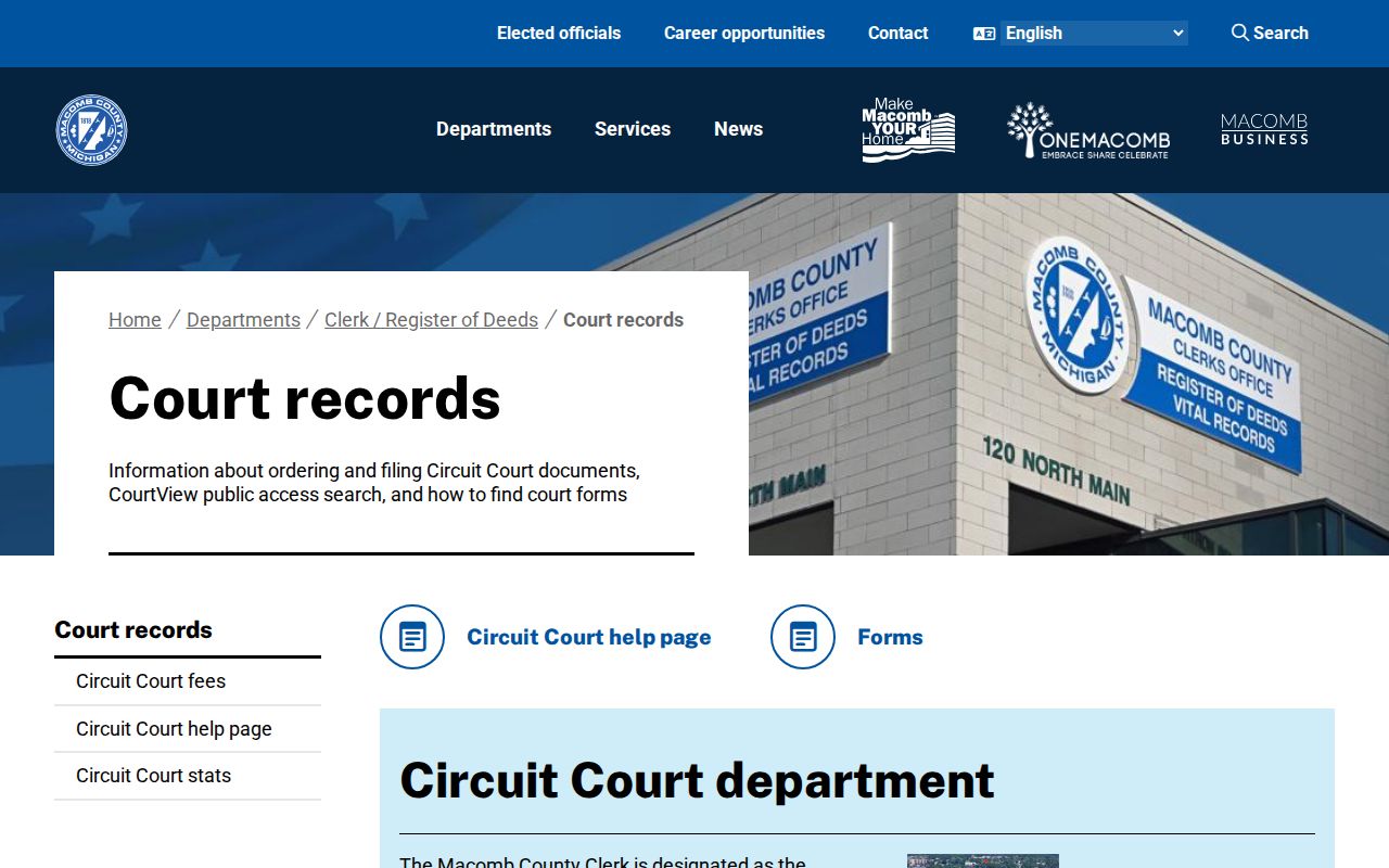 Macomb County criminal court records page from the clerk