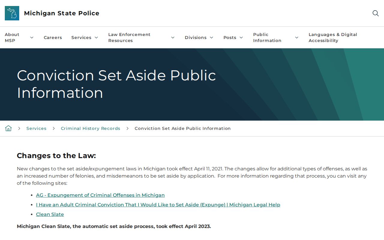 Michigan set-aside information for a Warren criminal history record